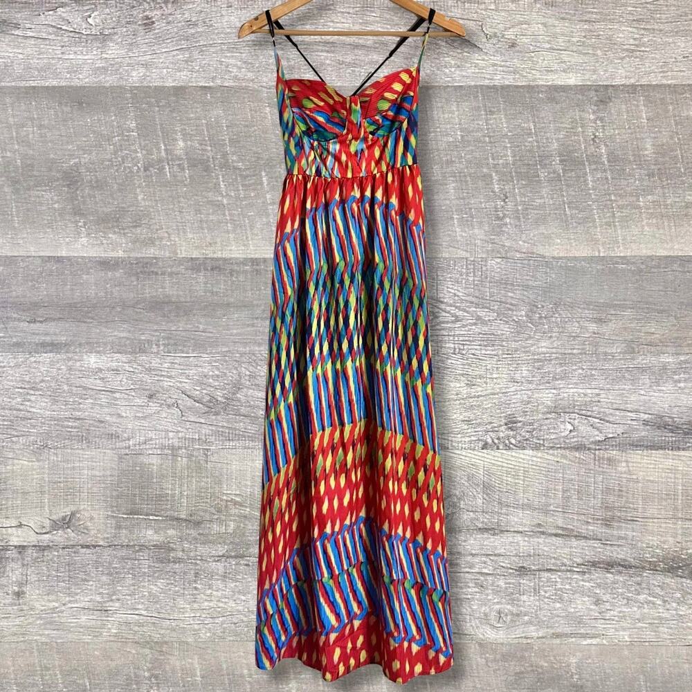 Boho Vibrant Print Striped Long Maxi Dress Womens M Multicolor Strappy Back